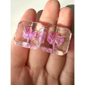 Vintage lucite encased orchid flower screw back earrings